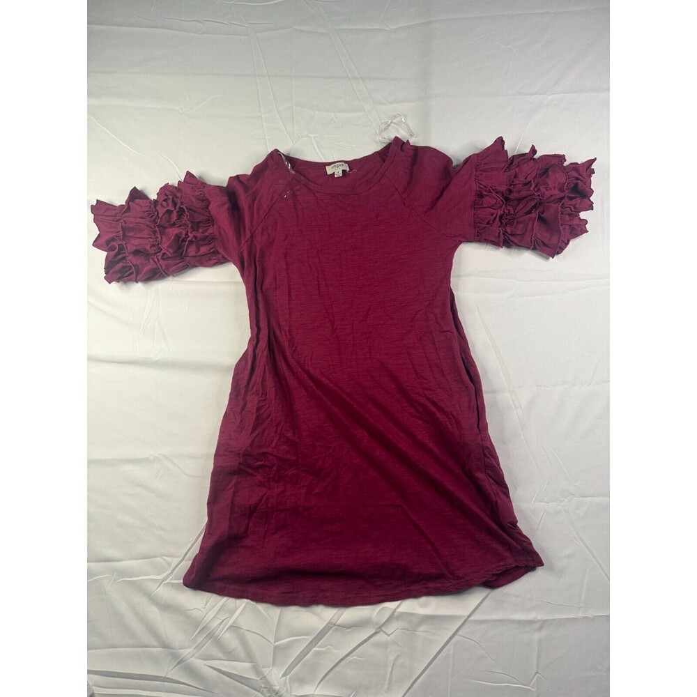 Umgee Dress Womens Size Small Cotton Ruffle Solid Burgundy Short Sleeve